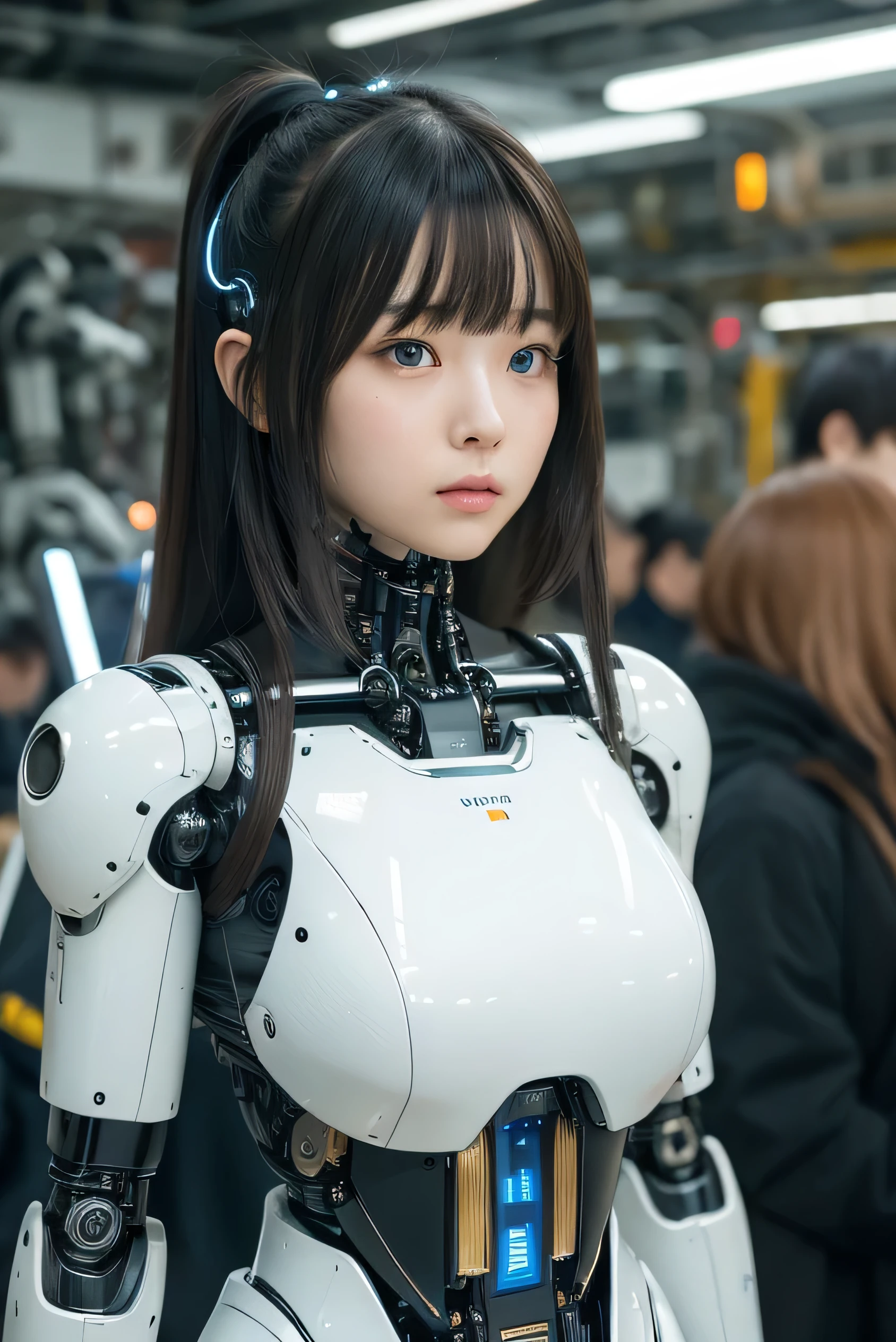 masterpiece, best quality, extremely detailed, Japaese android girl,portrait,Plump,a bit chubby,control panels,android,Droid,Mechanical Hand, Robot arms and legs, Black hair,Blunt bangs,perfect robot girl,long tube,thick cable connected her neck,android,robot,humanoid,cyborg,japanese cyborg girl ,robot-assembly plant,She is assembling now,assembly scene,blue eyes,chest monitor