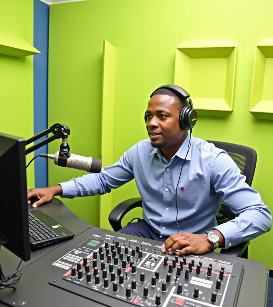 An image of me Brian lomuria a radio presenter in studio wearing headphones and also conducting a show (black person)