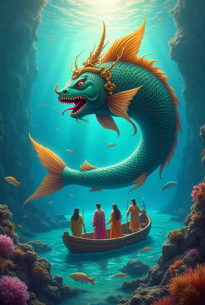 Here’s a prompt for depicting Vishnu in his fish avatar, Matsya:
"Create a captivating and colorful image of Vishnu in his Matsya avatar, the fish. Illustrate Matsya as a grand and resplendent fish with radiant scales in shades of blue and green. The fish should have a divine presence, possibly adorned with golden accents or a glowing halo. Show Matsya in a dynamic underwater scene, surrounded by vibrant coral reefs and marine life. The setting should convey a sense of tranquility and majesty, with Matsya guiding a boat carrying sages or important figures, symbolizing the preservation and protection of life during a great deluge. Ensure the image is rich in detail and color, emphasizing the divine and protective nature of this avatar."