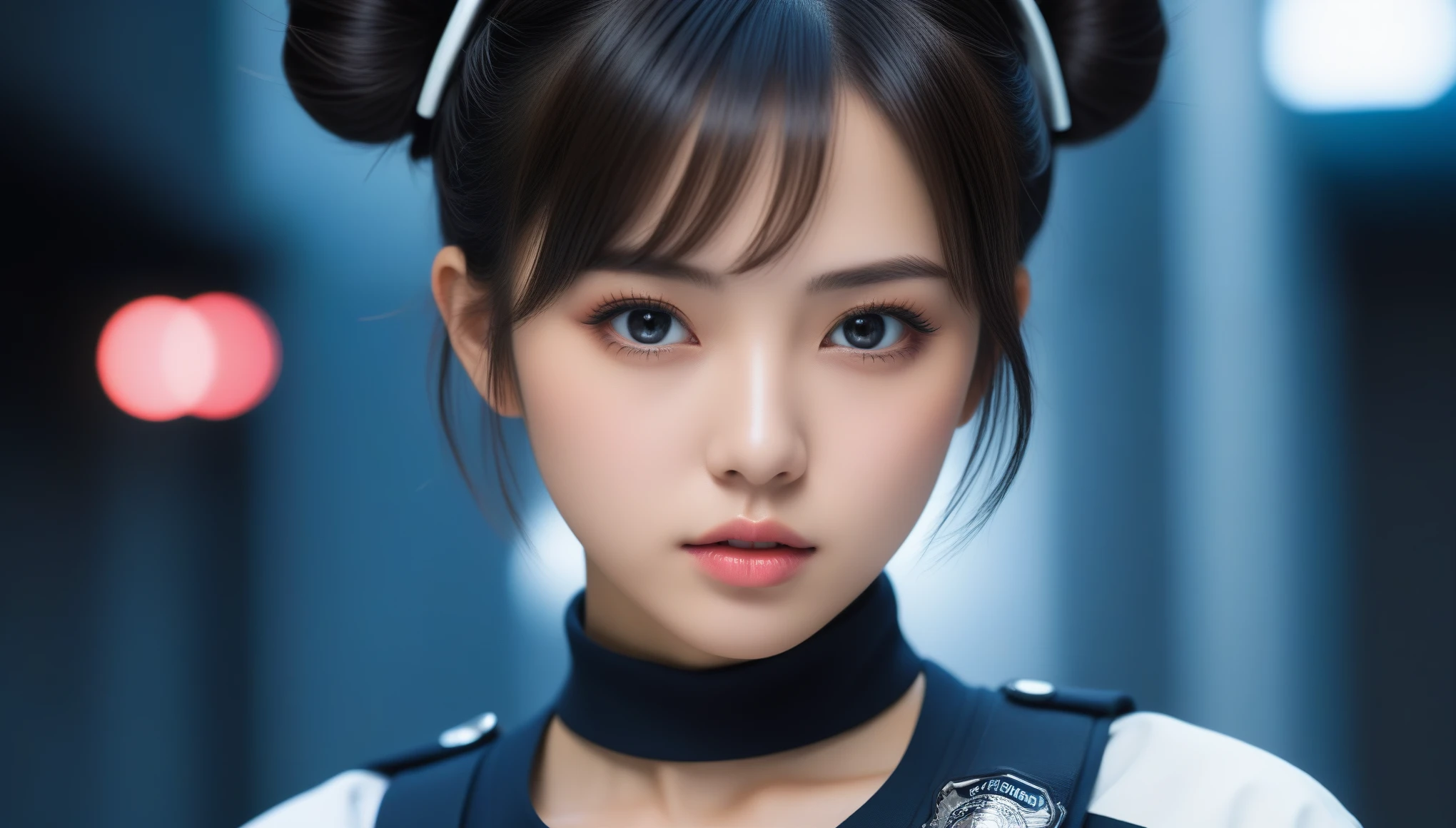 8k, Ultra-high resolution, Highest quality, masterpiece, 三分割法によるphotograph,Surreal, photograph, 1 , (:1.3), cute, cute顔, 細部までBeautiful Eyes, 細かくdetailedに,masterpiece,One Girl:1.2,Japanese women,Policewoman,upper body,glaring,Black short hair,Space buns,ID photo,(Police officer of the future:1.3),cyber punk,Future City,white collar,((Fusion of humans and androids)),((Fusion of humans and androids))(Beautiful attention to detail),Subtle details, detailedな顔,anger,Attractive eyes,(ポートレートphotograph:1.4),(Photorealistic images:1.4),Fantasy art,(Beautiful Face:1.4),美しくAttractive eyes、Beautiful Eyes,Silver residue,(Tight waist:1.4)、(Beautiful with perfect body proportions:1.4),Pink Lips,profile,(((Ideal body type))),A-cup small breasts :2,、Portraiture:2、Perfect Anatomy、鮮明なdetailed、detailed,Fashion magazine cover,Thin lips,完璧でBeautiful Face ,完璧でcute顔, Skin with attention to detail, Perfect limbs、Narrow waist,Surreal,Light and shadow,spotlight