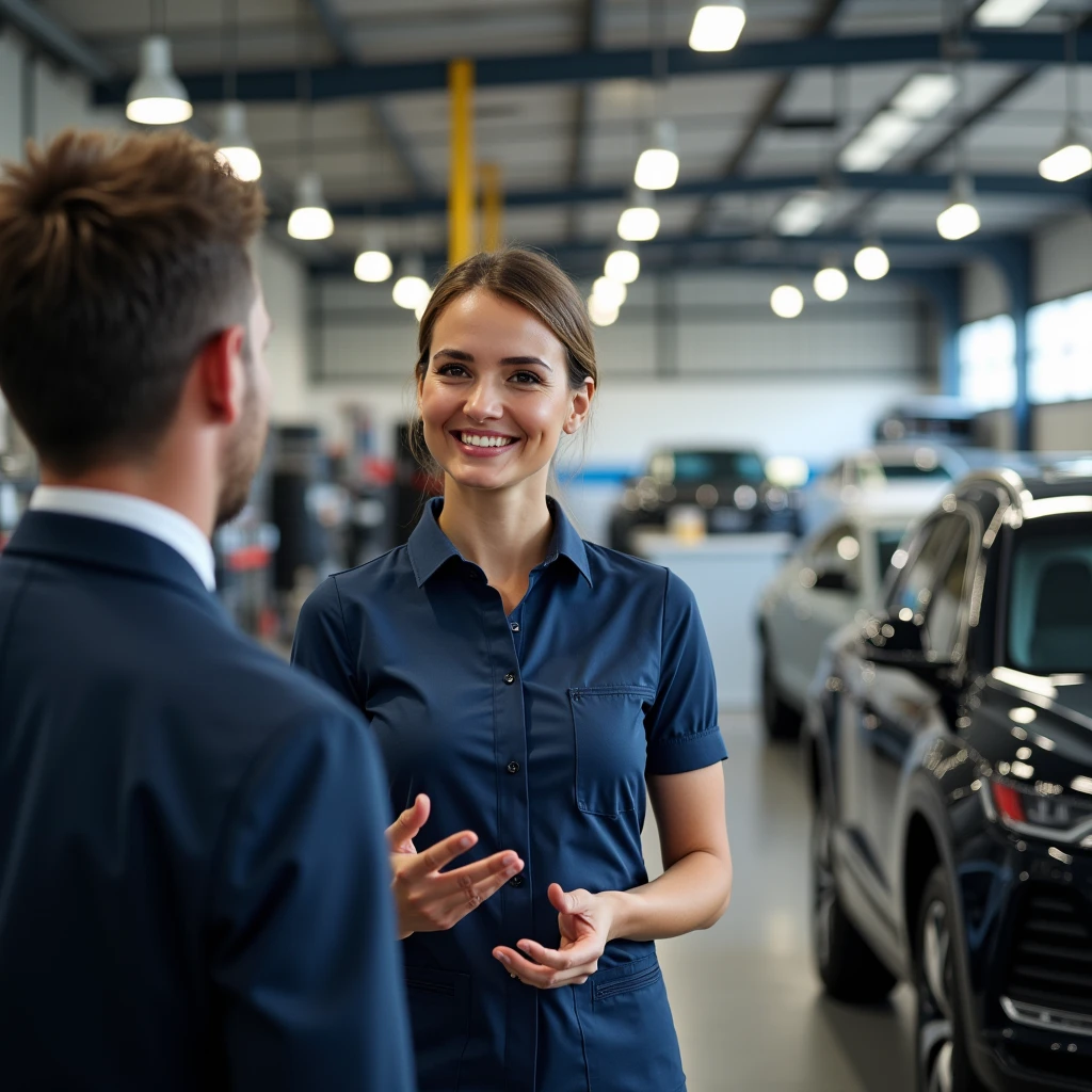 create an image in 1920x1080 format that shows how a customer should be approached at a tire auto center