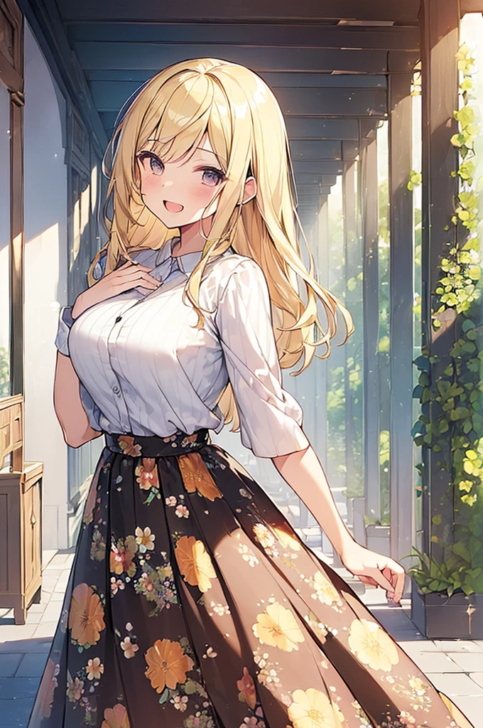 (Masterpiece, Top quality:1.5), full body, (1 beautiful girl, solo:1.2), (short height:1.2), (Floral Print Maxi Skirt:1.3),  (blonde hair:1.2), Blonde, medium Hair, wavy Hair, asymmetry bangs, swept bangs, airy hair, large breasts:1.2, smile:1.3, blush, beautiful scene of station platform, open mouth, dynamic pose, dynamic angle