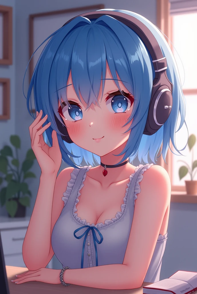 Create a cute anime vtuber smiling with blue hair and wearing headphones doing asmr