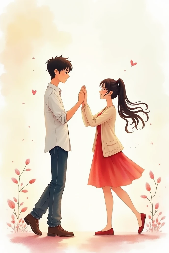 Create a watercolor illustration featuring a young man and woman standing at a distance, facing each other, and touching one hand of each other kinda high-fiving(dancing position). The young man has short dark hair and is wearing a white shirt and dark pants, while the young woman has long hair tied in a ponytail, wearing a red dress and a light-colored cardigan. The background should have a soft, dreamy atmosphere with light, pastel colors, resembling a sunny day. Add subtle nature elements like flowers or leaves
Kdrama art reference from "see you in my 19th life) to enhance the whimsical feel
Water color splash painting