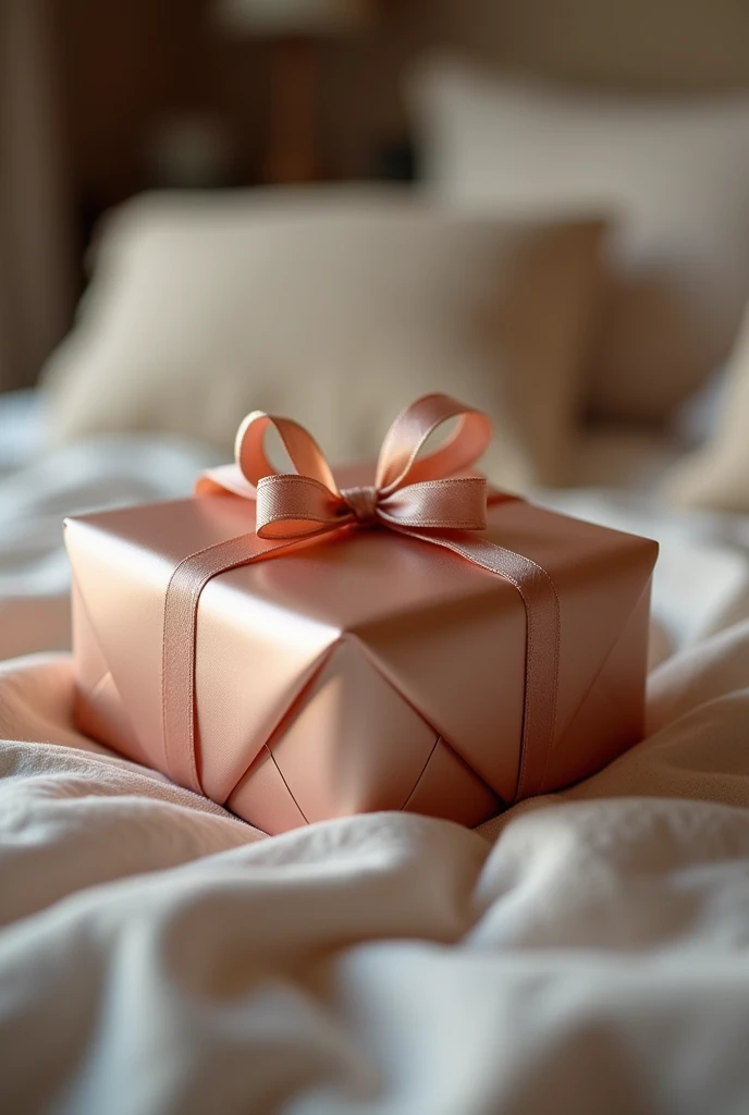 Create a realistic photo of a gift on the bed, This gift is a beautiful dress for a beautiful woman .
