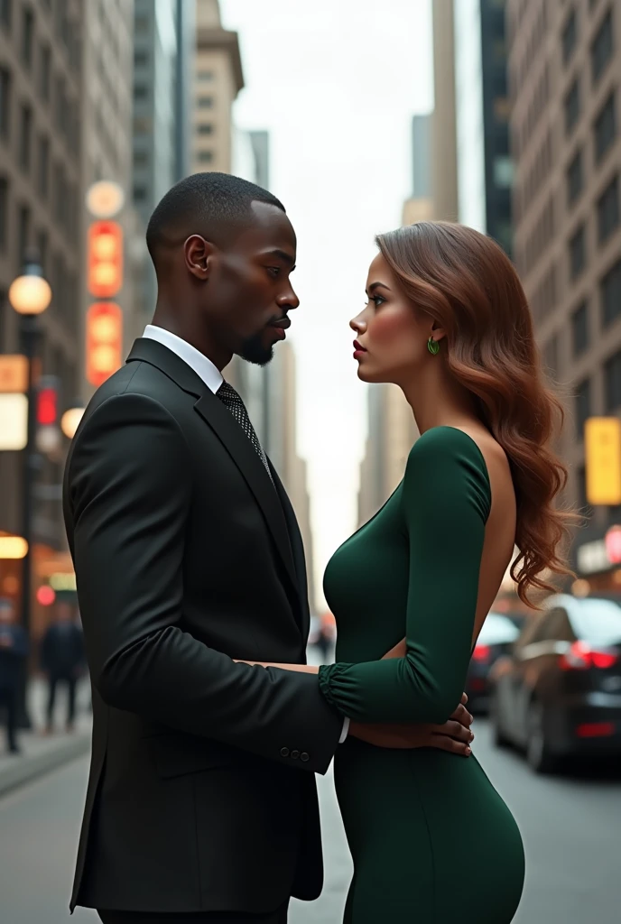 A couple formed by a young black man with fine features, straight hair cut low, thin moustache, super tall stature, thin but with a muscular body, wearing formal clothes and an extremely white woman, greeneyes, short stature, wide curvy body brazilian woman style, with a thin waist, super wide hips and huge glutes. Wearing a long dark green dress with long sleeves covering her arms. Wavy hair in light brown with a hint of red. The two are in New York facing each other.