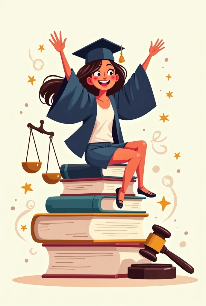 A girl wearing her graduation gown and sitting on large books, next to her are the scales of justice and the hammer, a large two-dimensional drawing.cartoon drawing 