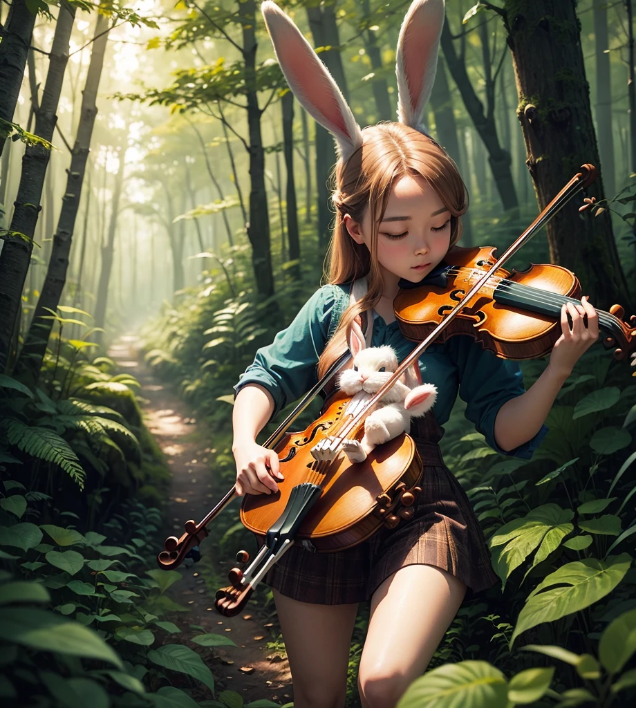 Animal rabbit playing violin in the forest