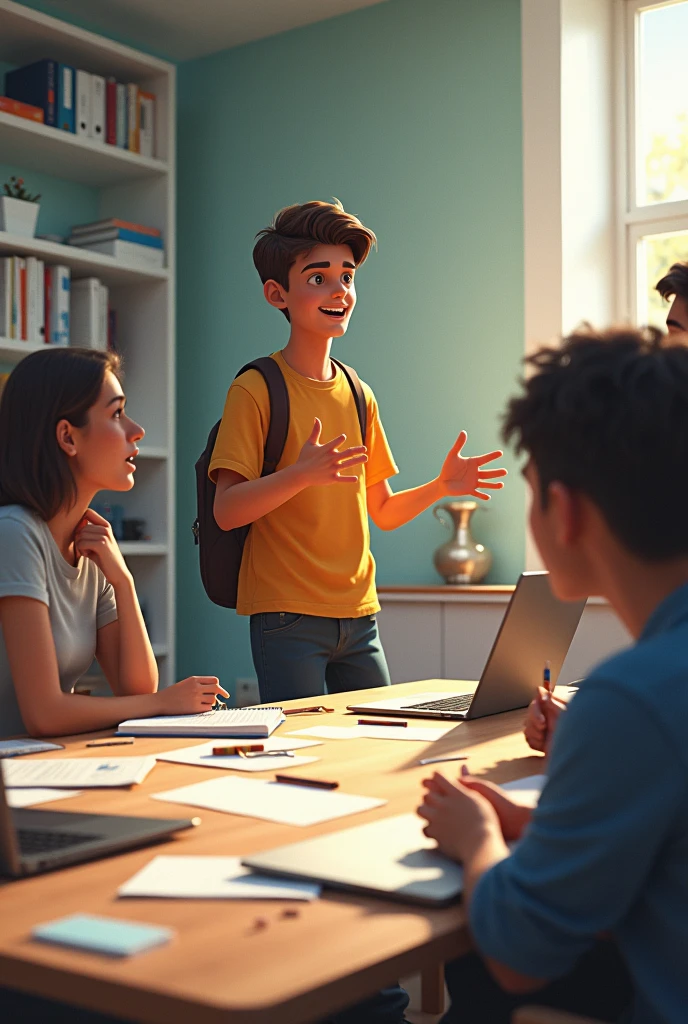 A young person standing talking to a group of people sitting at a table that has papers, notebooks and laptops