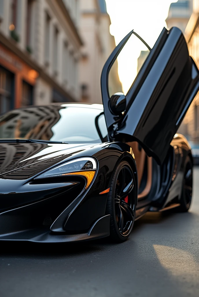 sports car inspired by mclaren with ferrari and lamborghini glossy black color with open gull wing style door showing its beige interior and black exterior