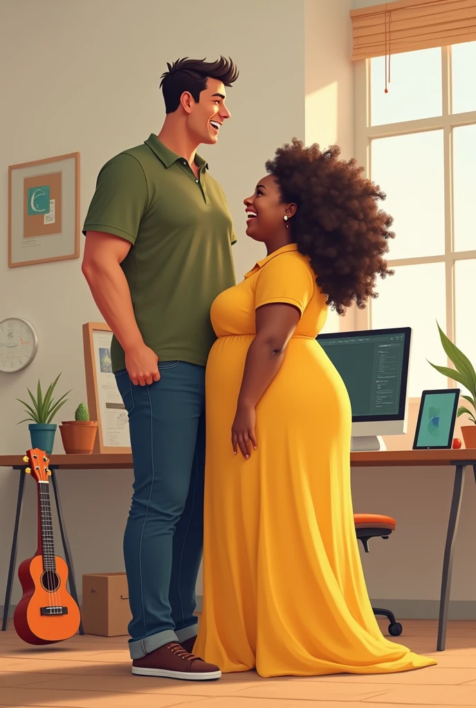 The boyfriend, 6 feet 2 inches tall, wearing an olive colored polo shirt. A girlfriend with a height of 5 feet wearing a yellow long gown with high collar with very curly hair. The girl is trying to put her hand on the boy's head but can't because the girl is fat and short. The boy is laughing and the girl is very irritated.background should be one ukulele, design studio and computer, tablet, illustrator photoshop.
girl is obesity.