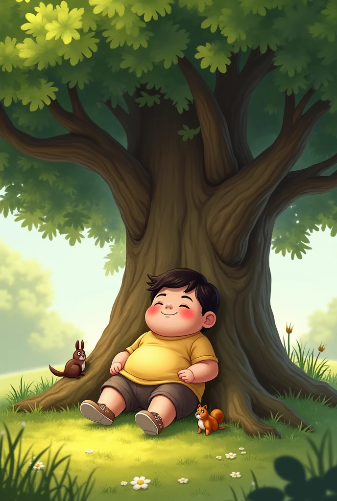 Draw me a picture , chubby boy sitting under the tree