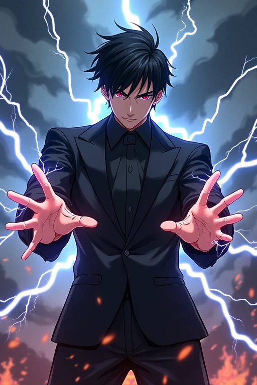 Black Hair,Black suit,male,Anime Style,Red Eye,Unleashes a lightning attack from both hands