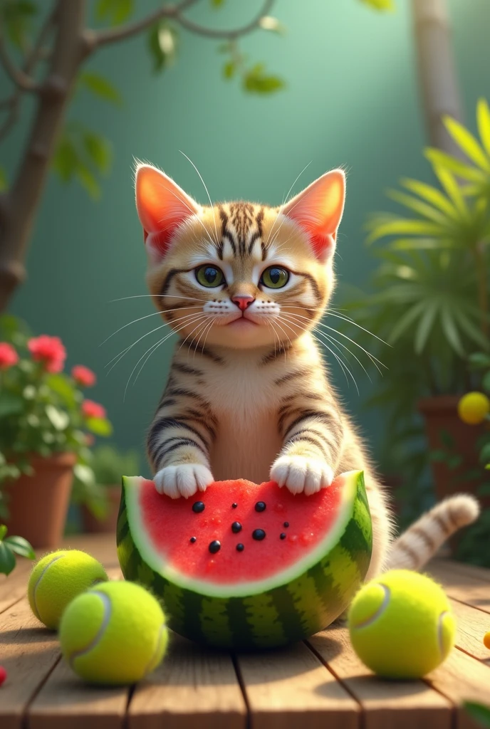 Draw us a cat that eats watermelon and plays tennis with stones