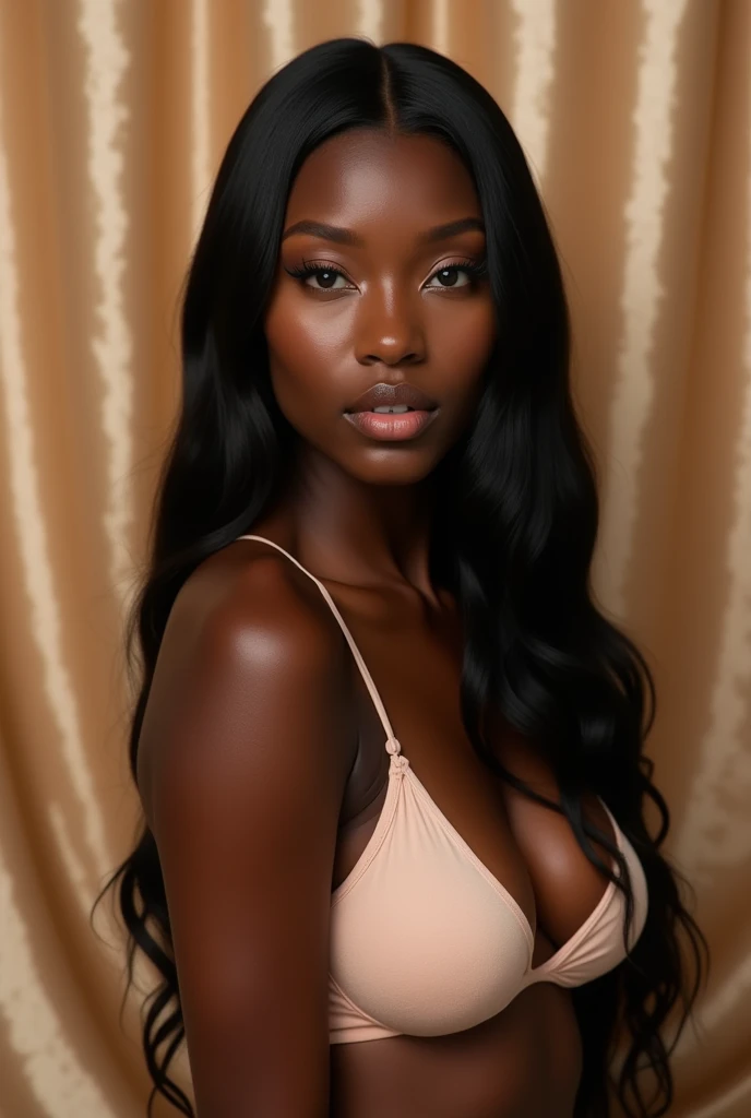 Beautiful black skin girl , beautiful straight hair Naked and without a bra in champagne color