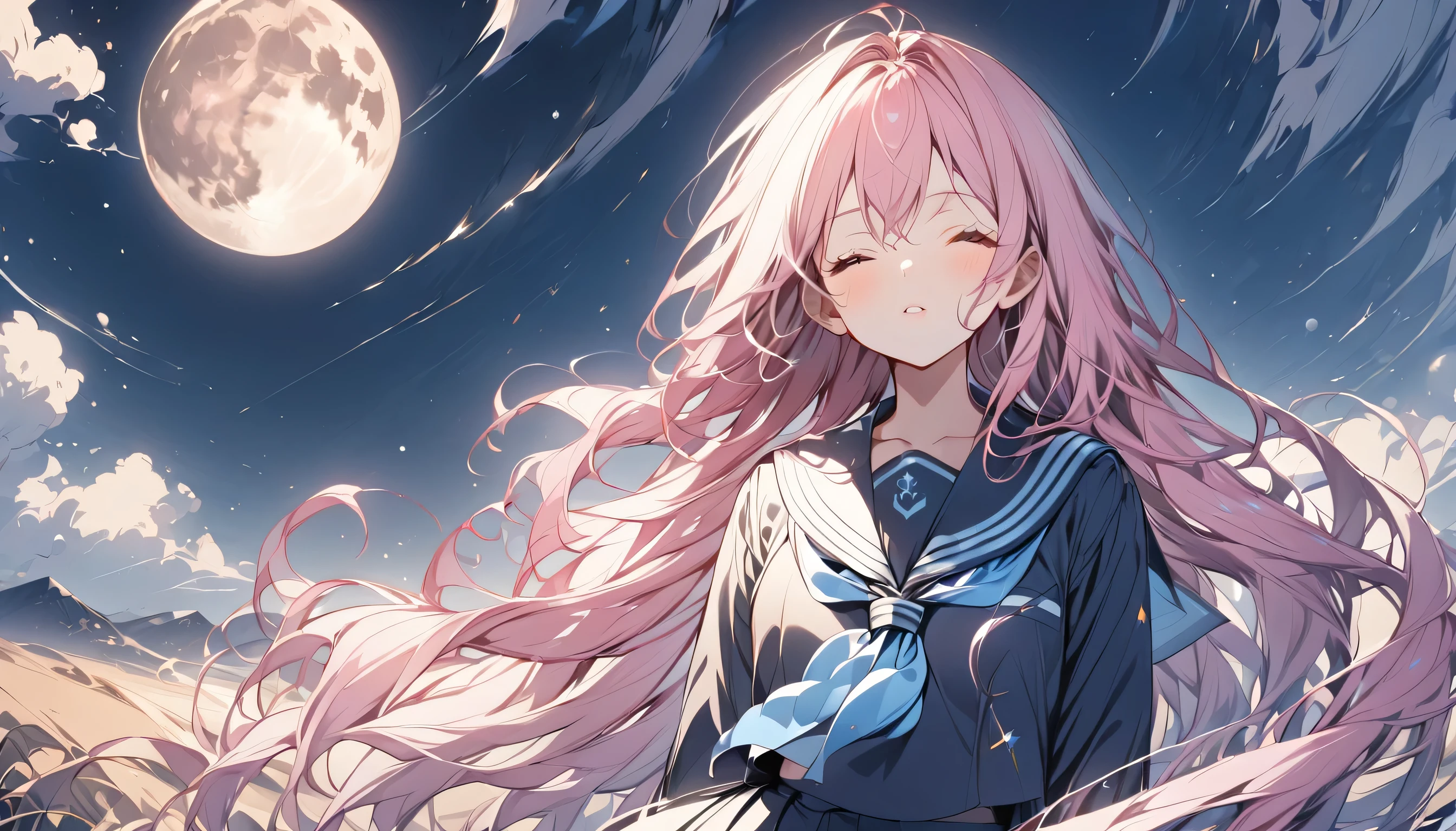 One Girl、Pink Hair、Long Hair、Black Sailor Suit、Sailor uniform with blue ribbon、Eyes closed、Standing on desolate land、The background is a starry sky、A very large moon peeking over the horizon