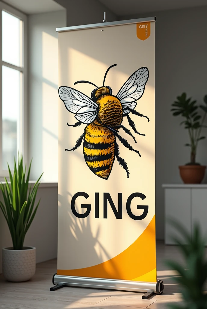 Realistic banner with team galing logo with a logo
 bee  with a size of 24x20 cm