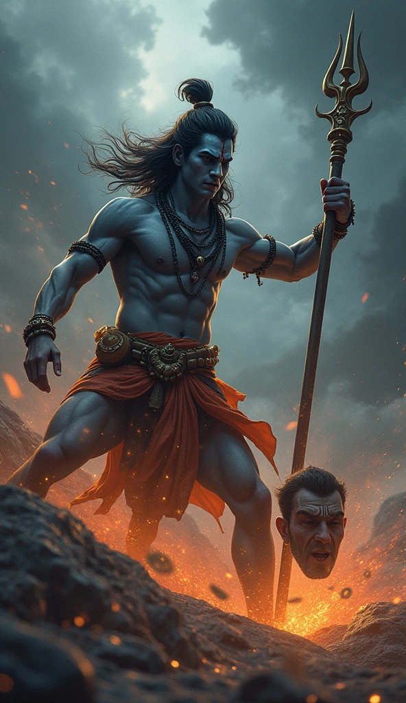 Lord Shiva Cutting Ganesh's normal Head**
Depict a dramatic scene where Lord Shiva, in a moment of anger, uses his trident to strike normal Ganesh, severing his head. The image captures the intensity of the moment with Lord Shiva’s fierce expression and Ganesh’s men normal head falling. The background shows a sudden shift in atmosphere, with dark clouds forming, indicating the gravity of the act.