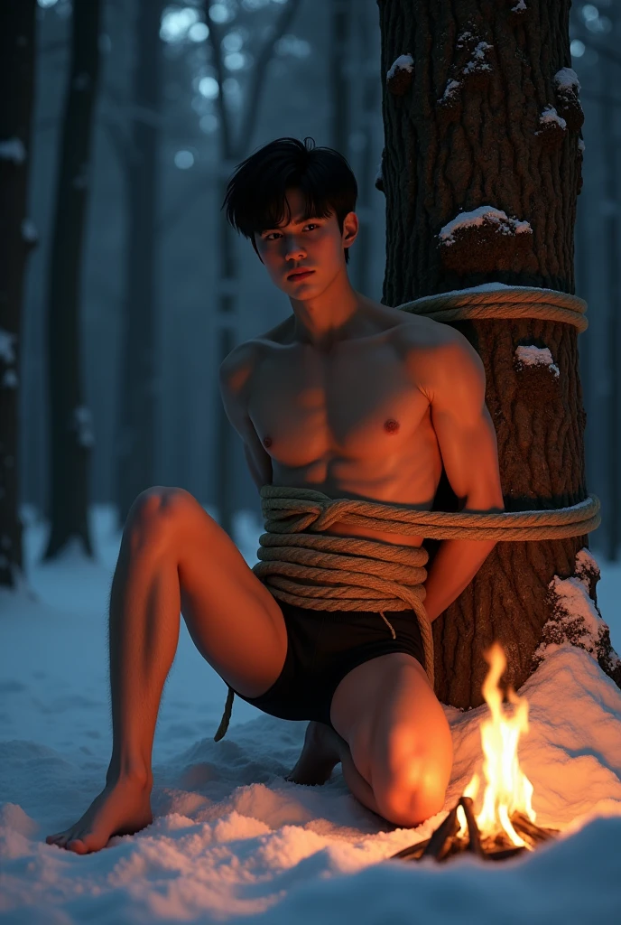 (((muscled, shirtless guy))), (((19 yo, slim, muscular, fit twink))), (((ripped sixpack))), ((((Trussed up completely with rope)))), ((((ropes crossed over chest)))), (((body trussed up in tight fitting shibari ropes))), (((beautiful boy))), (((beautiful face, K-pop type))), (((slim fit body))), ((medium-lenght curtain hairstyle))), (((wearing speedos))) kneeling, (((arms behind back))), , Smiling,(((in a dense snowy forest))), ((leaning against a tree))), night scene, illuminated by a campfire