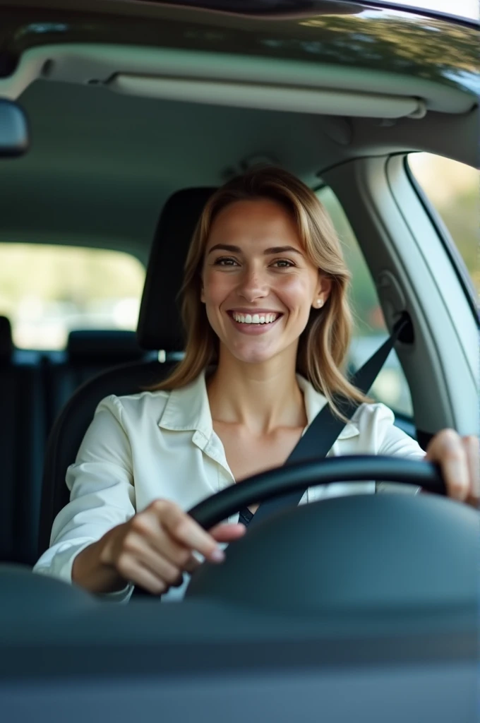 The giri driver the car in smile in camara