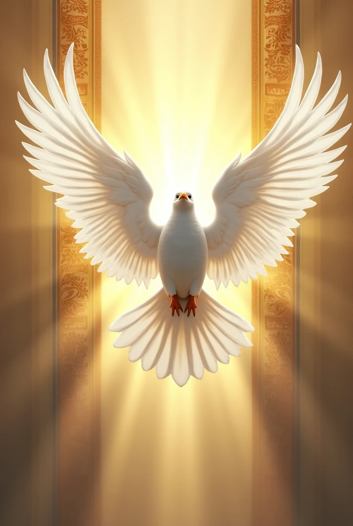 colors: Use ecclesiastical colors like white (Purity and Peace), doradas (Glory and royalty), and blue or purple (divinity and majesty).

white dove: The dove must be central and realistic, representing the Holy Spirit. Can be drawn in flight, with open wings, conveying a sense of movement and freedom.

Additional Elements:

traverser: It can be placed behind the dove or integrated into the background as a subtle pattern..
lightrays: Coming out from behind the dove to symbolize enlightenment and divine guidance.
Flags or Banners: With words of faith or the name of the team.
Layout: Design must be balanced, with the dove as the main element. Colors should be well distributed so as not to overload the look..
