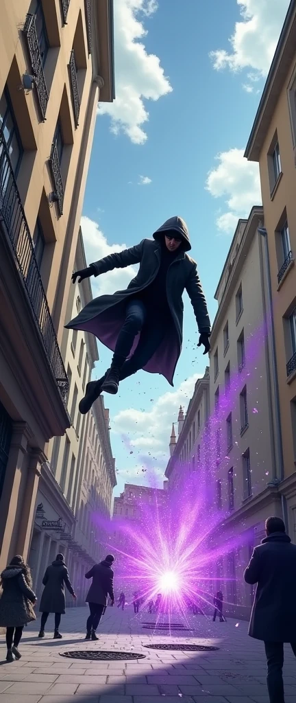 a man jumping through the window of a building, peeling from the third floor, he is falling into a dynamic position, shattered glass, broken glass falling, broken window, I see him from the street, pedestrians are scared, a purple energy portal opens in the sewer lid, he is wearing a black mask, he wears boots and a hooded coat, sunny afternoon with clouds, streets of France,