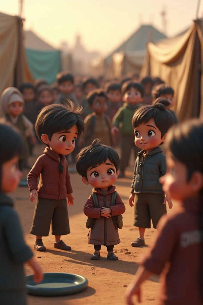 In 3d animation styles' An image of a crowded refugee camp with makeshift tents. Children and adults are depicted in a somber mood, with a sense of community despite the dire conditions. The focus is on the resilience and solidarity among the displaced.'
