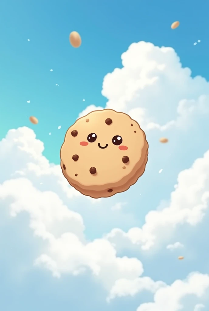 A cookie in the air in anime style only one and it should be simple he should have a face not that kind of face he should be in the sky on clouds
