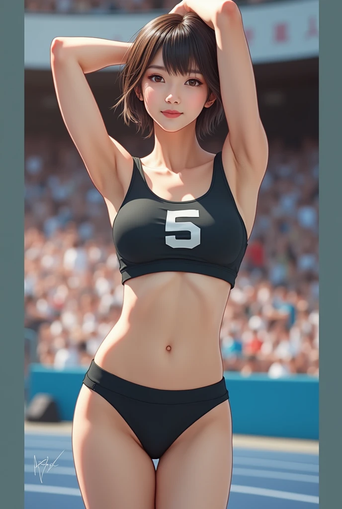 (masterpiece:1.2,best quality,Ultra-high resolution,超detailed),(Realistic sticks:1.5),(RAW photos:1.5),(Carefully crafted photos),(8K),(wallpaper),Cinema Lighting,(Written border depth),(Exquisite lighting:1.2),rest(1 female:1.6),(Standing),(Japanese),(front:1.6),(Armpits:1.6),(whole body:1,6),(look at me),(strict),rest(short hair),(Pretty Face,beautiful eyes,detailedな顔,,detailedな肌,detailedな肌の質感:1.3),(Good exercise:1.5),(racing bloomers:1.5),(Racing shoes),rest(muscular),(Sensual),(Thick thighs:1.2),(In the background is the track and field:1.6),(Blurred Background:1.6),(Detailed hand),(hand,detailed,Perfect,Perfection,hand)