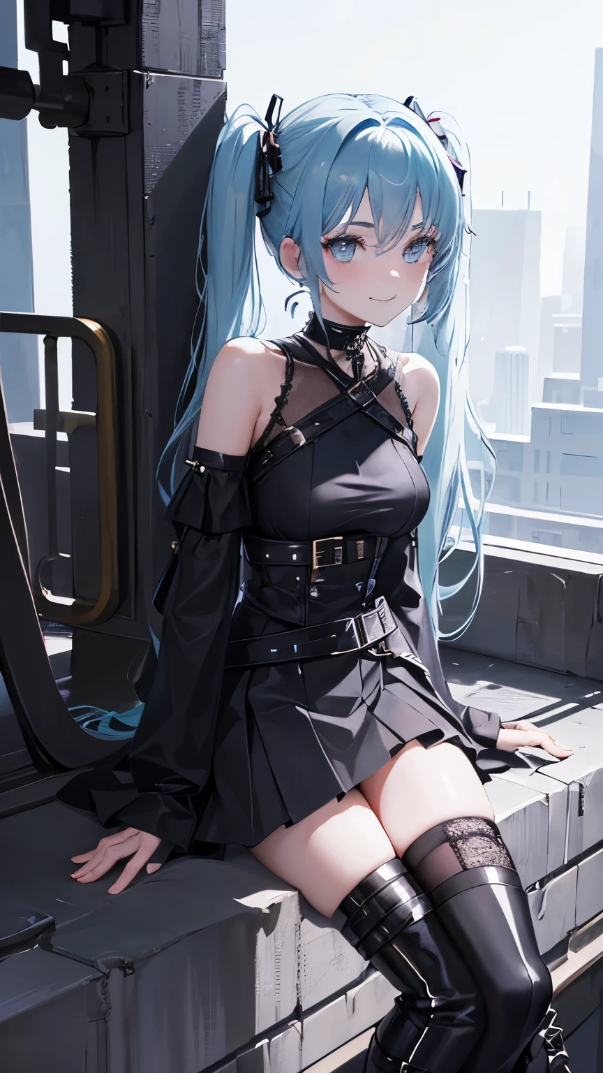 (((anime-style cute face)))、(((20-year-old woman))),(((Light blue twintails))),Highest quality, （（Sharp details））, (8k, RAW Photos, Highest quality, masterpiece), (looking at the camera),((((Cute Smile))))、Very big eyes、anatomically correct body、Big thighs、The face is bright、Professional Lighting、Cute little breasts、Cleavage exposure:1.5、Short skirt、Lewd、blush、Full body view、dark futuristic gothic outfit with a latex-like black material as the primary fabric,, outfit includes a short, puffy skirt with ruffled edges and multiple belts and straps intricately wrapped around the torso and waist, giving a harness-like appearance, top is off-shoulder with short puffed sleeves, adorned with matching straps and buckles, outfit is completed with long, black lace-up boots that reach just below the knee, with additional straps wrapping around the legs, Accessories include fingerless gloves with metallic details and a choker with similar straps and buckles around the neck, overall style should evoke a cyberpunk-gothic fusion with a high emphasis on the shiny, reflective material, capturing the outfit's intricate design and dark, edgy aesthetic, (nsfw, See-through), (arms skin, leg skin:1.3), leotard,