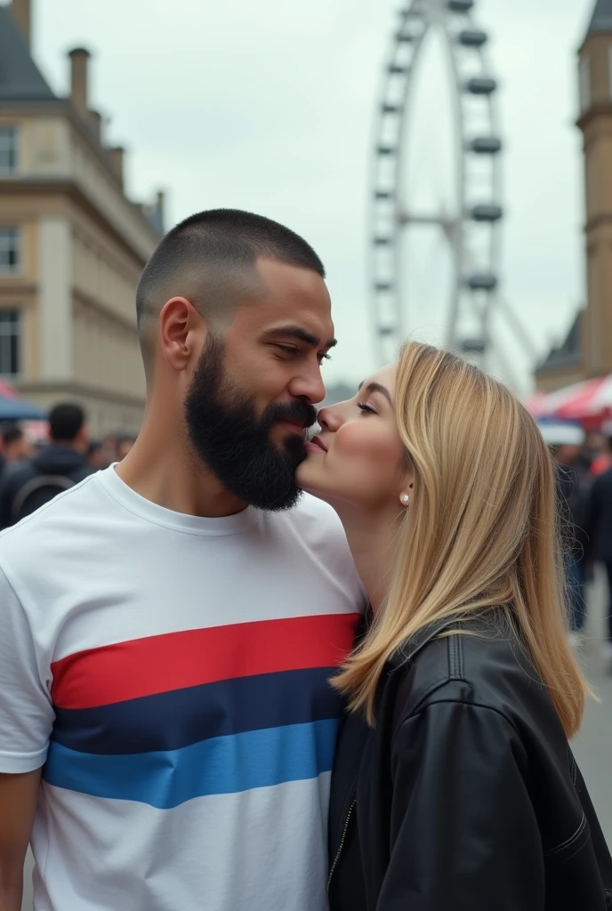 Photorealistic. Man with Chinese face low nose bridge, wider nose, mid-30s with buzzcut full Viking beard wearing white t-shirt with red blue horizontal stripe. One blonde Dutch K-Pop fan trying to give him a kiss on the cheek. London Eye in background. Landscape photo