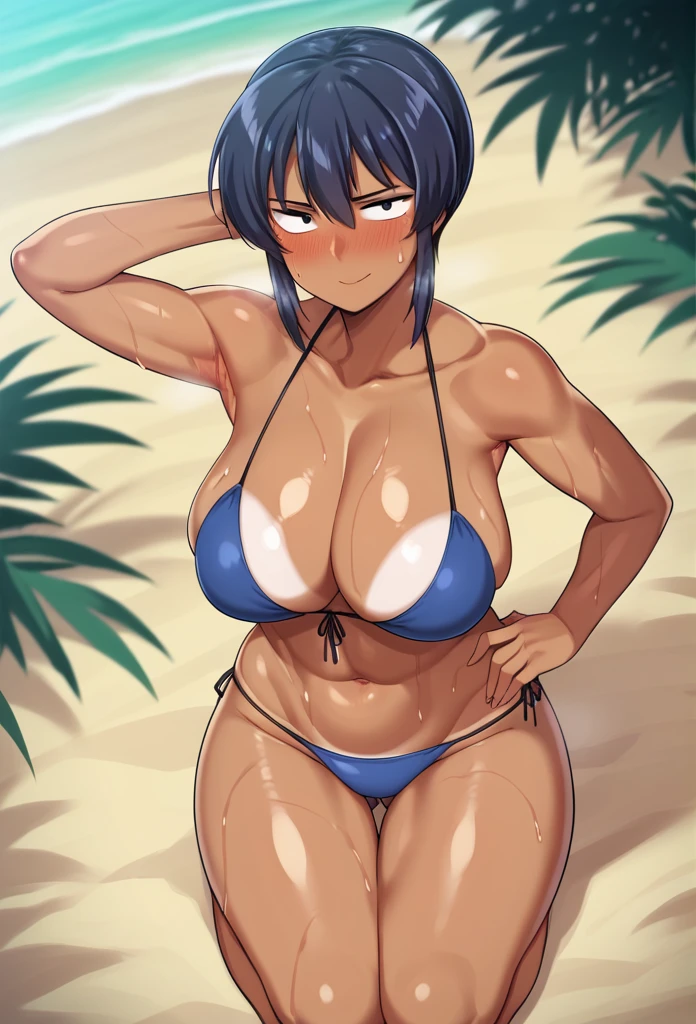 score_anime, score_9, score_8_up, score_7_up, masterpiece, best quality, amazon style, cellshade, BREAK 
1girl,  blue bikini, bikini, kneeling, arm behind head, hand on own hip, looking at viewer, facing viewer, blush, embarrassed, light smile, beach, sunlight, sweat, dark skin, tan, tanline, dark skinned female