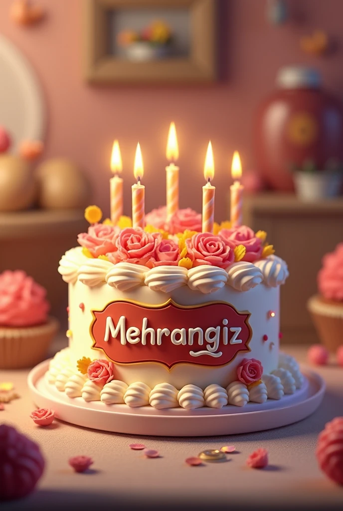 Generate image wishing happy birthday.and with name " Mehrangiz "in the middle . make it on the cake