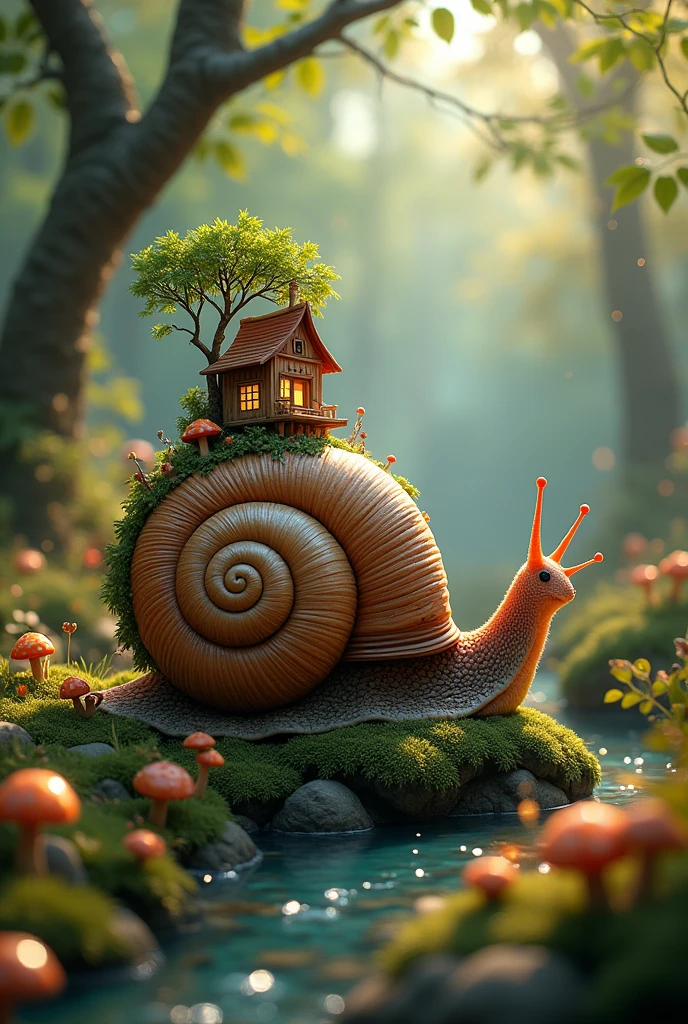 Photorealistic 4K photo of a fantastical, ultra-realistic snail in an enchanted, whimsical forest. The snail is the focal point, meticulously detailed with a stunning, intricate shell that serves as a miniature magical world. The shell is adorned with tiny, charming wooden houses, each crafted with delicate woodwork, featuring tiny windows, doors, and chimneys. Surrounding the houses are little glowing mushrooms and hanging lanterns, all exuding a soft, mystical light. The shell also hosts miniature gardens with enchanted flowers and winding stone paths leading to a tiny, magical treehouse perched atop the shell, complete with a rope ladder.
The snail's body is natural yet carries a surreal quality, with a gentle, velvety texture that gleams in the soft forest light. Its antennae glow faintly, adding to its magical aura. The background is a vibrant, lush forest floor covered in bioluminescent plants and fairy circles, with soft, golden sunlight filtering through the dense canopy of leaves. The air is filled with delicate, floating particles resembling glowing fairy dust and tiny, fluttering sprites that add to the enchanting, otherworldly atmosphere. A gentle stream of water flows beside the snail, its surface sparkling with ethereal reflections, further enhancing the magical feel of the scene. The overall composition captures the essence of a fairy tale, blending hyper-realistic details with imaginative, surreal elements, creating a magical and whimsical world within the snail's shell.