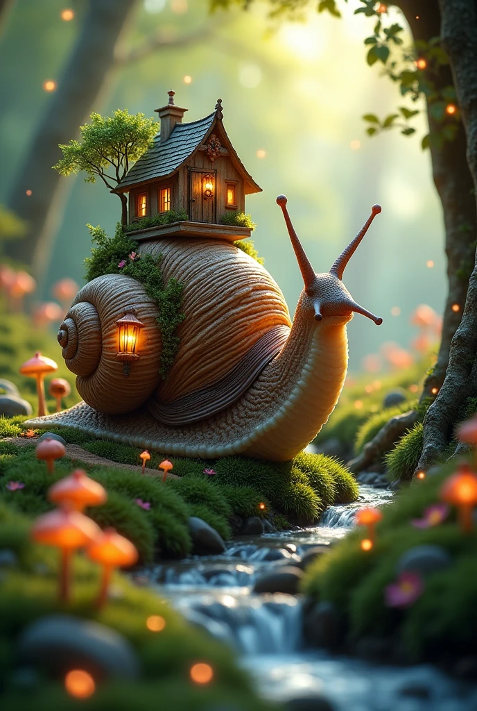 Photorealistic 4K photo of a fantastical, ultra-realistic snail in an enchanted, whimsical forest. The snail is the focal point, meticulously detailed with a stunning, intricate shell that serves as a miniature magical world. The shell is adorned with tiny, charming wooden houses, each crafted with delicate woodwork, featuring tiny windows, doors, and chimneys. Surrounding the houses are little glowing mushrooms and hanging lanterns, all exuding a soft, mystical light. The shell also hosts miniature gardens with enchanted flowers and winding stone paths leading to a tiny, magical treehouse perched atop the shell, complete with a rope ladder.

The snail's body is natural yet carries a surreal quality, with a gentle, velvety texture that gleams in the soft forest light. Its antennae glow faintly, adding to its magical aura. The background is a vibrant, lush forest floor covered in bioluminescent plants and fairy circles, with soft, golden sunlight filtering through the dense canopy of leaves. The air is filled with delicate, floating particles resembling glowing fairy dust and tiny, fluttering sprites that add to the enchanting, otherworldly atmosphere. A gentle stream of water flows beside the snail, its surface sparkling with ethereal reflections, further enhancing the magical feel of the scene. The overall composition captures the essence of a fairy tale, blending hyper-realistic details with imaginative, surreal elements, creating a magical and whimsical world within the snail's shell.
