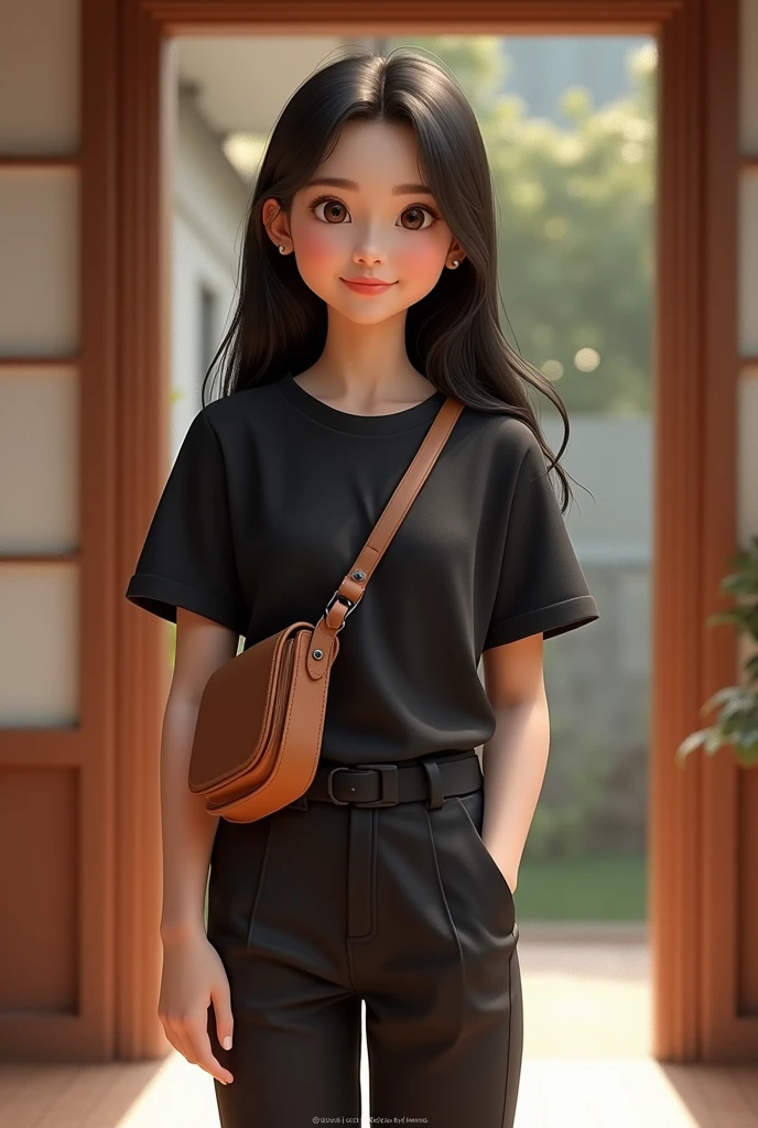 A girl standing in front a door.She wearing black shirt and black long pants.she wearing tiny brown sling bag.smile on camera but can't see tooth.long hair.3D