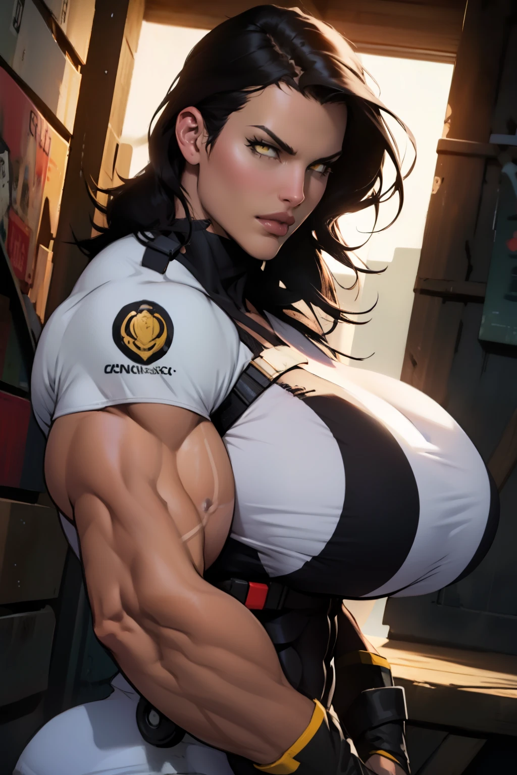 Comic books art style, masterpiece, highest quality, perfect dynamic lighting. muscular muscular muscular huge breasts massive breasts large breasts pale skin woman black hair yellow eyes sexy sexy sexy sexy solo