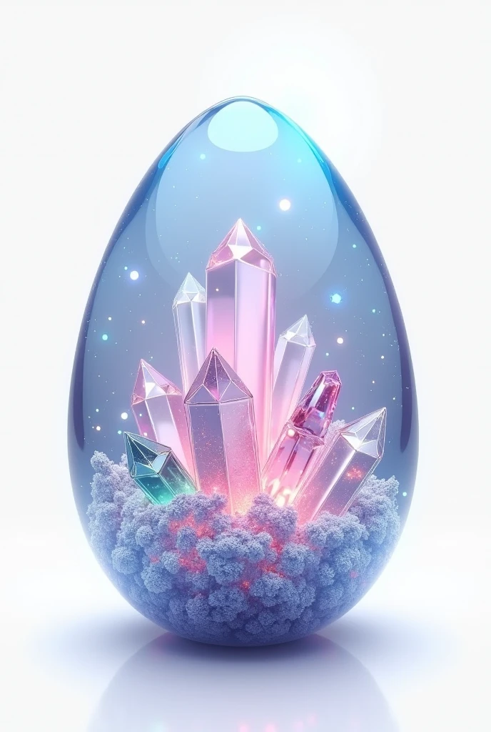 Crystal Egg: An egg with a transparent or semi-transparent surface, filled with sparkling crystals or gems. The design could play with light and reflections, creating a dazzling, jewel-like appearance with white background 