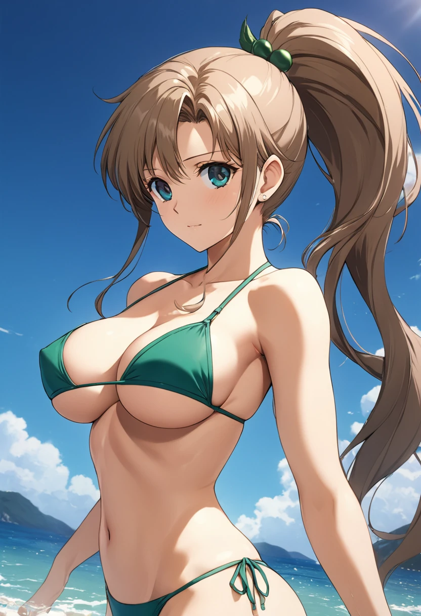 Highest quality, Great quality, 16K, Unbelievably absurd, Very detailed, 2.5D, delicate and dynamic, (Makoto Kino),blue sky,  Small face, Very delicate look, Delicate eye depiction, Very Fine Hair, erotic, sexyな女性, Healthy body shape, Swimwear,bikini、 height: 175cm, Light brown long hair,ponytail、 sexyな長い脚, Glowing Skin, The background is the sea ,1990s \(style\),、(E-cup beautiful breasts)、Muscular、sexy,Cinema Lighting, (完璧なGlowing Skin:0.6),Always high quality CG Unity 8K wallpapers