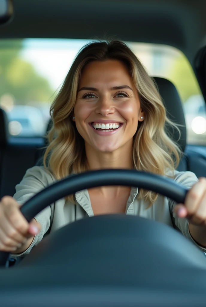 The giri driver the car in smile in camara in ai photo