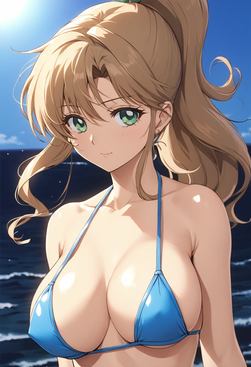 Highest quality, Great quality, 16K, Unbelievably absurd, Very detailed, 2.5D, delicate and dynamic, (Makoto Kino),blue sky, Small face, Very delicate look, Delicate eye depiction, Very Fine Hair, erotic, sexyな女性, Healthy body shape, Swimwear,bikini、 height: 175cm, Light brown long hair,ponytail、 sexyな長い脚, Glowing Skin, The background is the sea ,1990s \(style\),、(E-cup beautiful breasts)、Muscular、sexy,Cinema Lighting, (完璧なGlowing Skin:0.6),Always high quality CG Unity 8K wallpapers