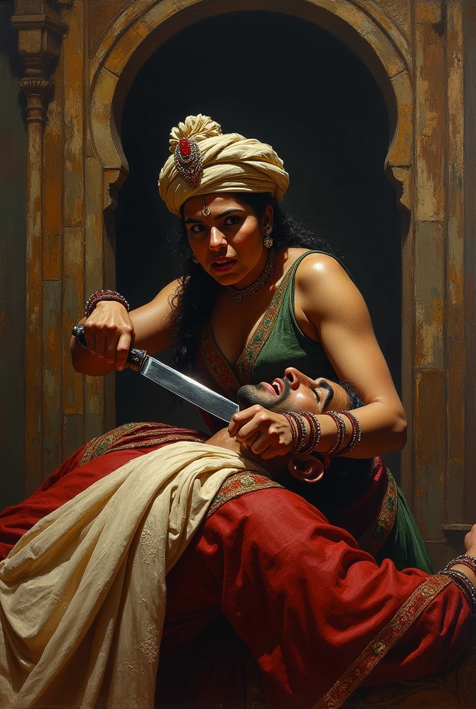 A rajput women brutally kills her rajput husband who is wearing turban with knife