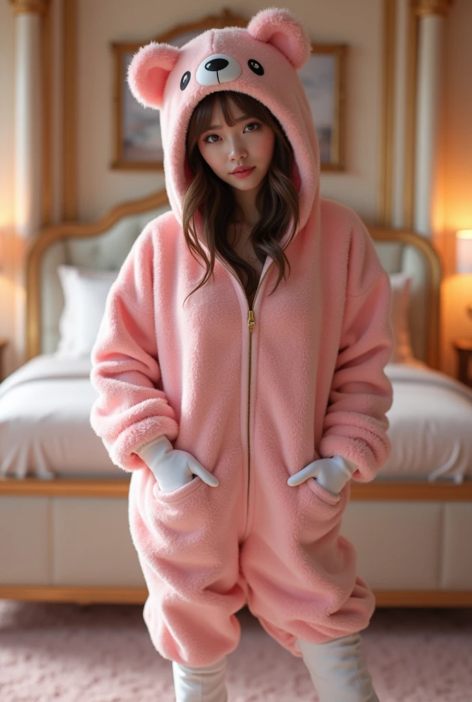 a woman wearing an pink plush bear kigurumi costume, She is in a huge bedroom, She is wearing long white velvet gloves and knee high white boots, and her costume's zipper is half open