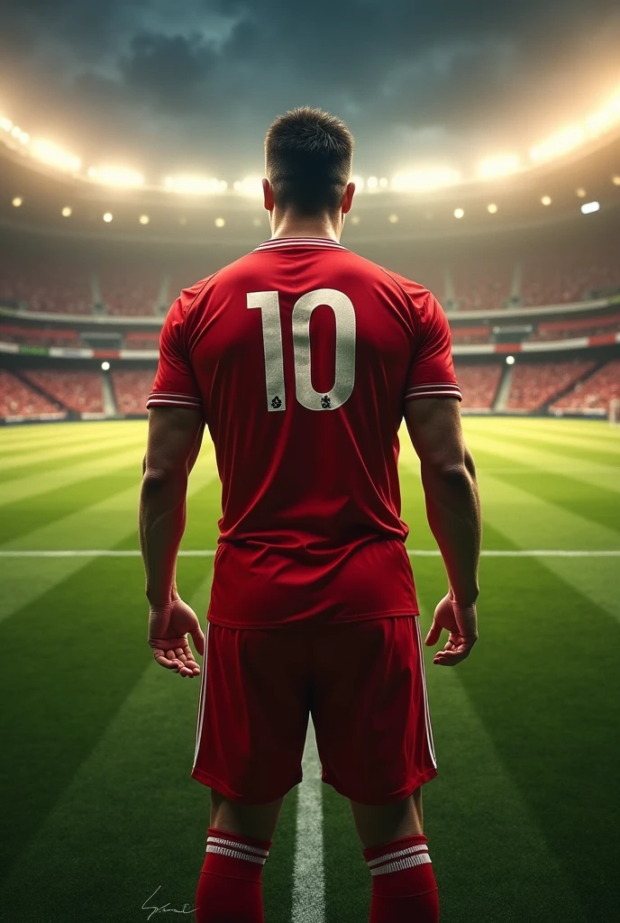 Create a movie cover style image, de um jogador de futebol ⚽ em um campo,  and he&#39;s back to back with the number 10 on his shirt, and with the colors red, doradas, white and black.