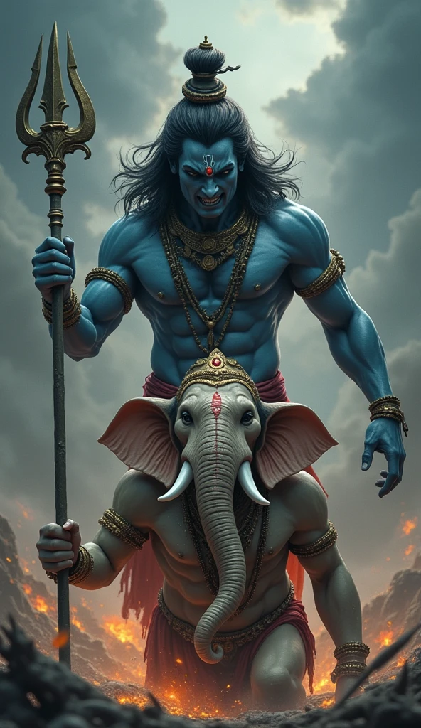 Lord Shiva Cutting Ganesh's normal Head**
Depict a dramatic scene where Lord Shiva, in a moment of anger, uses his trident to strike normal Ganesh, severing his head. The image captures the intensity of the moment with Lord Shiva’s fierce expression and Ganesh’s normal head falling. The background shows a sudden shift in atmosphere, with dark clouds forming, indicating the gravity of the act.
