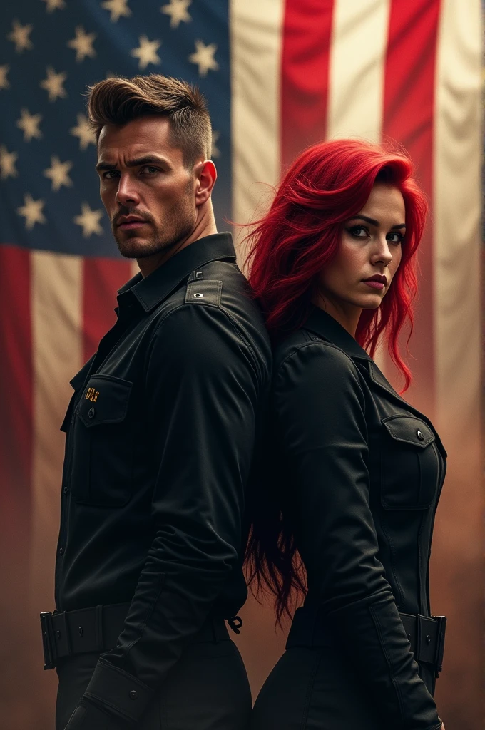 American flag background with smoke medium build male with short hair next to female with red hair and both wearing black