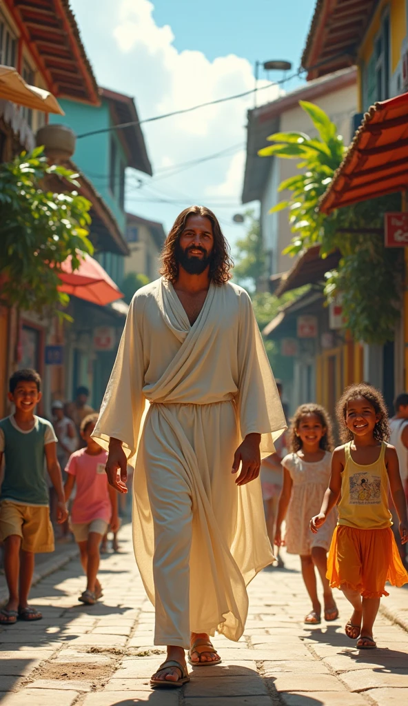 A beautiful image of Jesus smiling walking through the streets of a Brazilian city with many ren playing in the streets