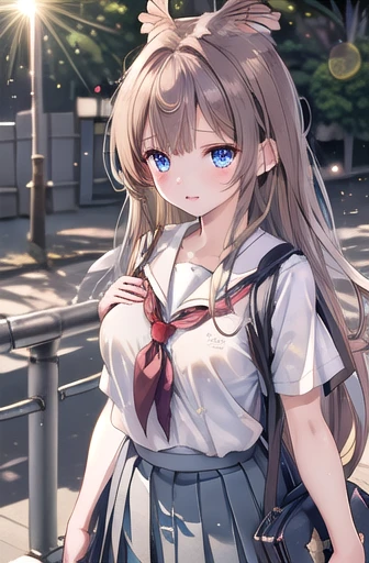 (masterpiece, Highest quality, Highest quality, Official Art, beautifully、aesthetic:1.2), Very detailed, colorful, Most detailed ((Very detailed)), (Highly detailed CG illustrations), ((Very delicate and beautiful)),(8K Photo Quality),(究極のShine肌, Detailed skin, Ultimate detailed face),(One girl, cute), alone, Outdoor, Shibuya Ward/(Tokyo/), break,(Brown Hair, Super long hair), blue eyes, Large Breasts, (Seraphim, Pleated skirt, Short sleeve, school bag:1.5),(Particles of light, Lens flare, Depth of written boundary, Shine, Bokeh, Speckled sunlight:1.3), Are standing,