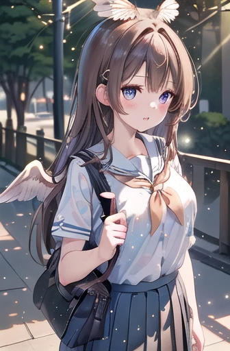 (masterpiece, Highest quality, Highest quality, Official Art, beautifully、aesthetic:1.2), Very detailed, colorful, Most detailed ((Very detailed)), (Highly detailed CG illustrations), ((Very delicate and beautiful)),(8K Photo Quality),(究極のShine肌, Detailed skin, Ultimate detailed face),(One girl, cute), alone, Outdoor, Shibuya Ward/(Tokyo/), break,(Brown Hair, Super long hair), blue eyes, Large Breasts, (Seraphim, Pleated skirt, Short sleeve, school bag:1.5),(Particles of light, Lens flare, Depth of written boundary, Shine, Bokeh, Speckled sunlight:1.3), Are standing,