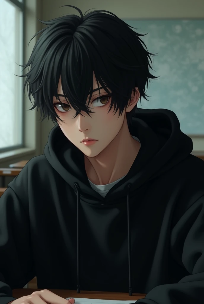 (photorealism:1.2), handsome asian guy, thin almond shaped eyes, wearing a black hoodie, sitting at the back of the class, staring at viewer timidly, black fluffy long hair (his hairs almost covering his eyes), yandere vibe, realistic photo